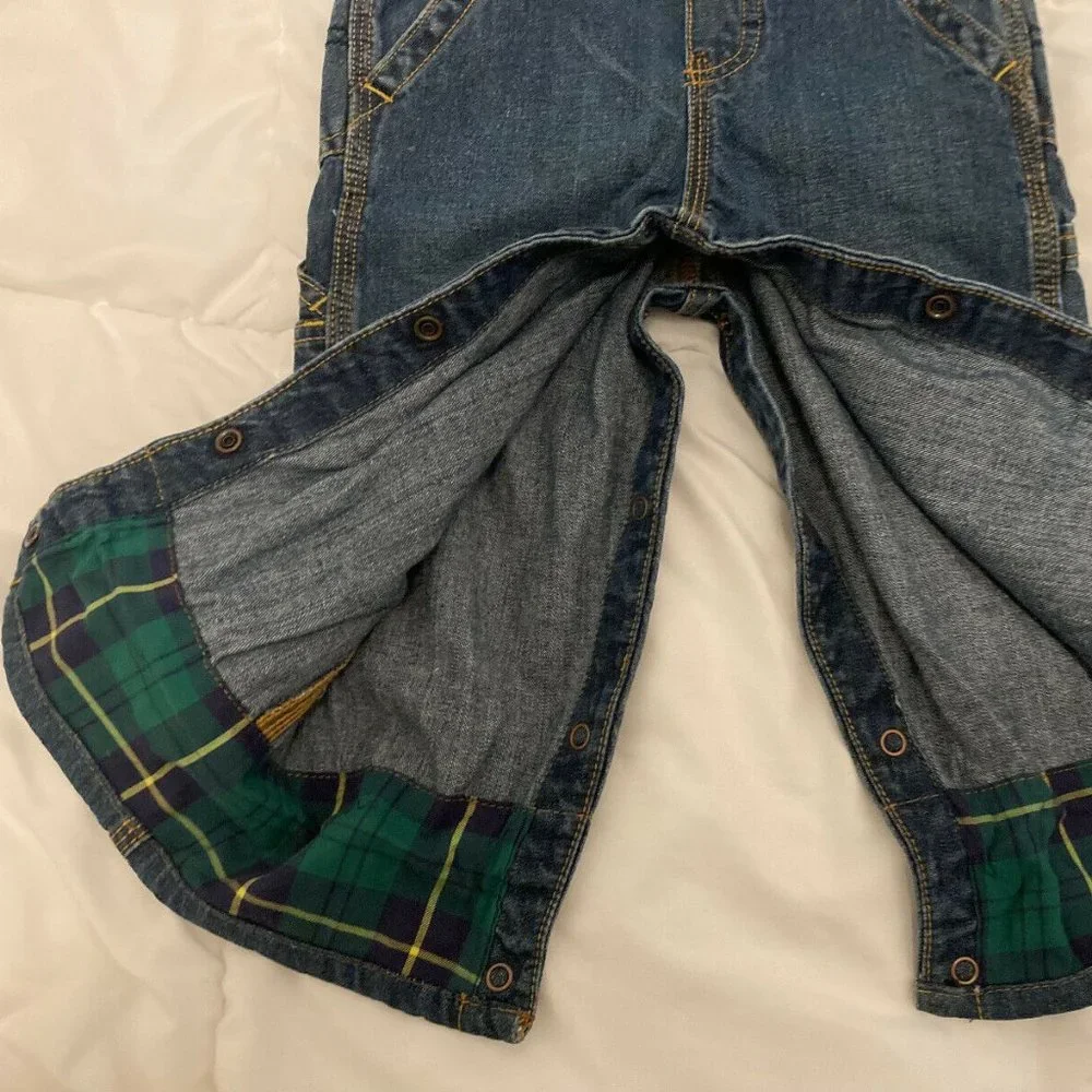 OshKosh Kids 18M Blue Jean Denim Green Plaid Check Lined Cuff Overalls